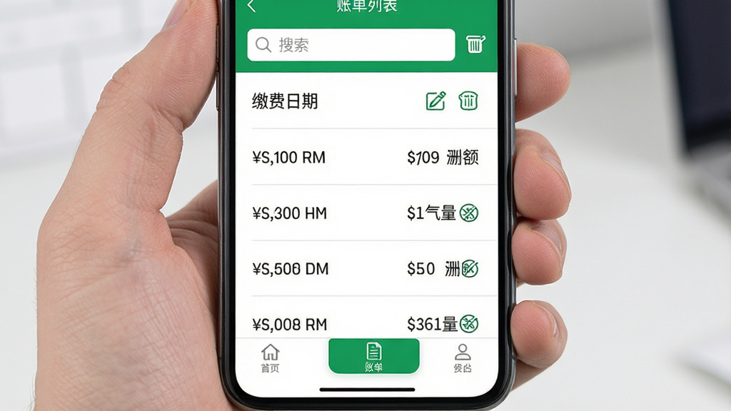 燃气记录费用软件在手机上的账单列表页面,每行显示缴费日期、金额和用气量,右侧有编辑与删除图标,顶部有搜索栏,底部导航栏高亮“账单”选项,整体界面采用白色背景搭配绿色点缀,排版整齐清晰,画质干净