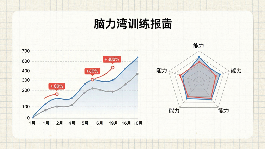 展示脑力湾训练报告页面的图片,主体为折线统计图与能力雷达图,背景为浅色网格纸纹理,布局数据图表居中,排版专业清晰,风格简洁商务,细节包括红色标注进步点和灰色辅助线,画质高,无多余元素