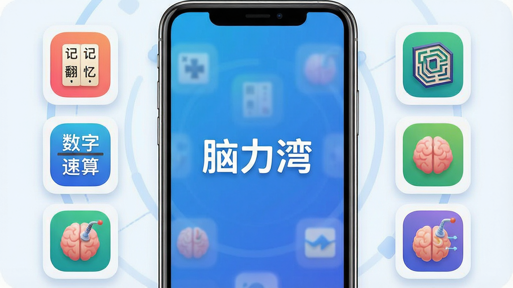 一张展示脑力湾应用主界面的高清图片,主体为智能手机屏幕,屏幕中央显示脑力湾logo“脑力湾”字样,周围环绕着色彩鲜艳的脑力训练图标,如记忆翻牌、数字速算、逻辑迷宫等,布局简洁清晰,排版采用左右对称,背景为渐变蓝色,风格现代科技感,细节包括圆角卡片和柔和阴影,画质细腻干净,无多余元素