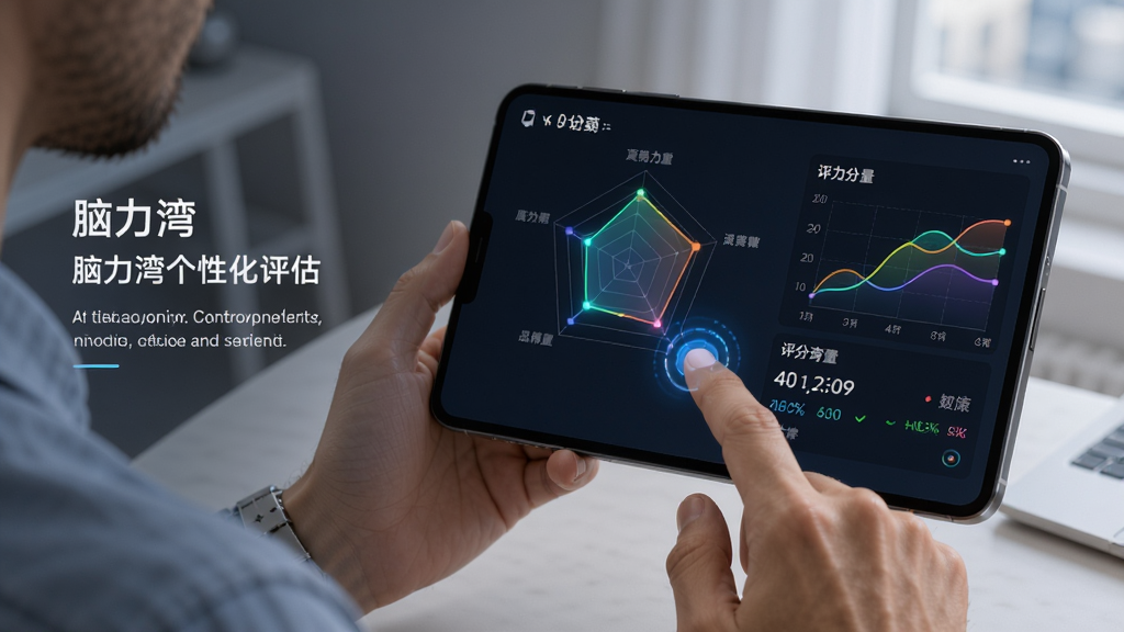 展示脑力湾个性化评估界面的图片,主体为一位用户正在触屏手机上进行脑力测试,屏幕显示雷达图与评分数据,布局为左侧引导文字右侧动态图表,排版清爽,风格写实结合科技感,细节包括用户手指点击动画和彩色数据曲线,画质高清干净,无多余元素