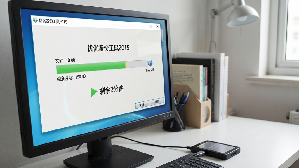 画面主体为电脑屏幕显示优优备份工具2015版任务进度条与完成提示,背景为整洁的书房书桌;布局采用侧视视角,突出软件窗口与移动硬盘连接状态;排版紧凑,风格写实;细节包含文件数量计数与剩余时间预估文字“剩余2分钟”,画质高清自然光,干净无杂乱元素