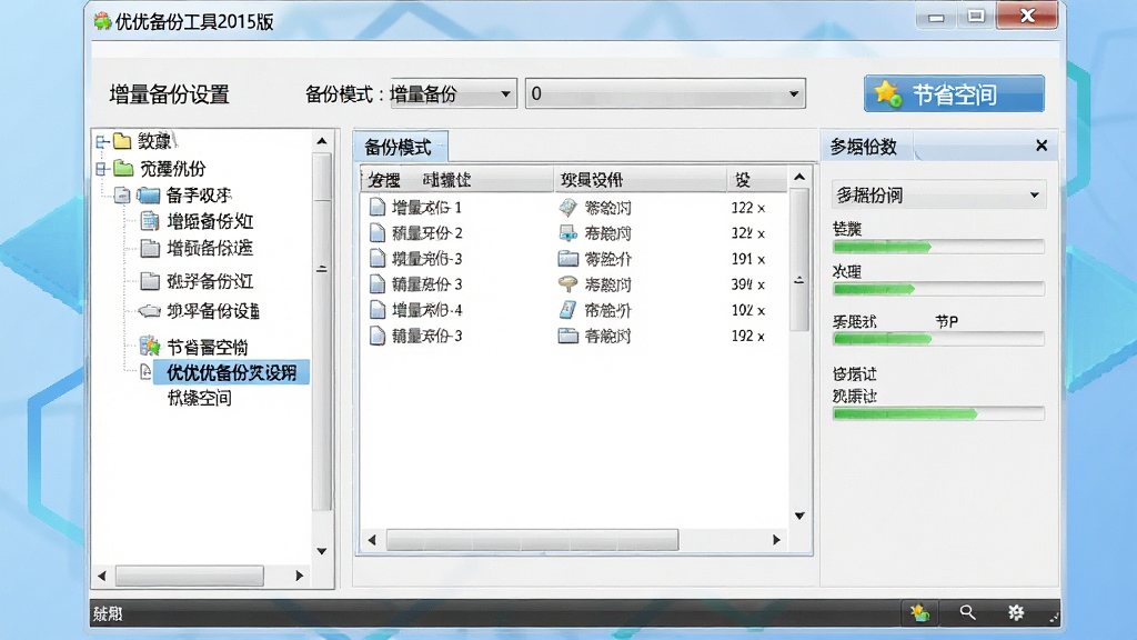 画面主体为优优备份工具2015版“增量备份设置”界面截图,背景为淡蓝色渐变几何图形;布局采用左侧功能树、右侧参数面板的经典软件界面构图,上方显示“备份模式:增量备份”下拉框;排版规整,高亮显示“节省空间”提示标签;风格为具象UI展示,细节包含文件列表与进度条,画质清晰锐利,干净无冗余元素
