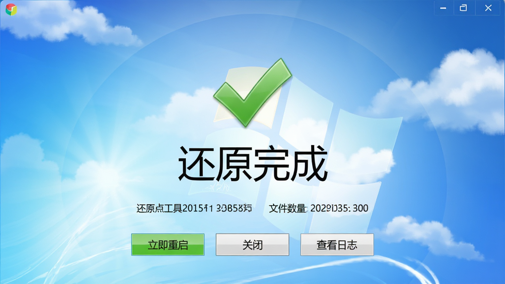 画面主体为优优备份工具2015版一键还原操作成功界面,背景为简洁的蓝天白云抽象壁纸;布局居中显示绿色对勾图标与“还原完成”大字,下方三个按钮“立即重启”“关闭”“查看日志”;排版对称,风格明快;细节体现还原点时间标签与文件数量统计,画质细腻通透,无多余元素