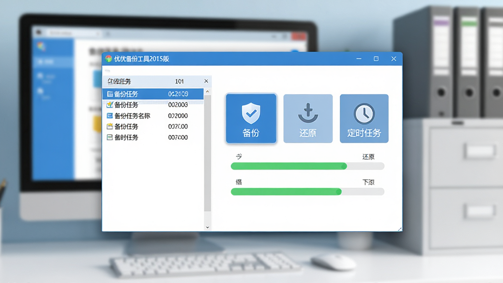 画面主体为优优备份工具2015版软件主界面悬浮于现代办公桌面场景,背景为虚化的电脑屏幕与文件柜;布局采用居中构图,界面窗口清晰展示“备份”“还原”“定时任务”三大按钮,左侧列表显示备份任务名称与时间;排版干净简洁,整体风格为扁平化科技感,主色调蓝白相间,搭配柔和阴影;细节上突出数据安全盾牌小图标与绿色进度条,画质为高清渲染,明亮通透,无多余元素