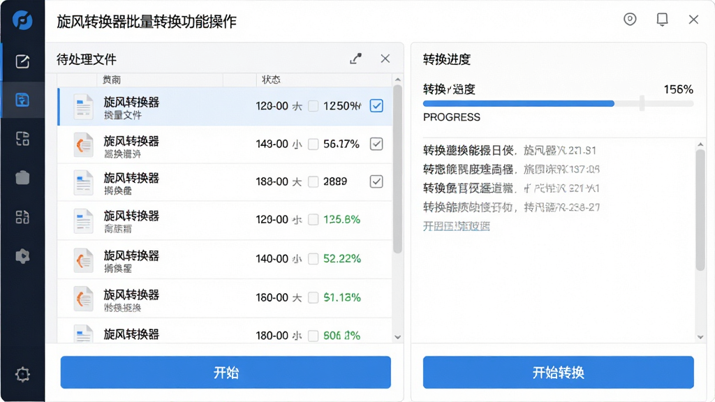 主体:旋风转换器批量转换功能操作界面,多份发票文件正在被处理,进度条显示完成状态。布局:左侧为待处理文件列表,右侧为转换进度与日志区域。排版:列表采用分栏式设计,文件名、大小、状态一目了然,底部有“开始转换”蓝色按钮。风格:商务简约,界面干净整洁。细节:文件缩略图、勾选框、进度百分比清晰可见。画质:高清,干净,无多余元素。