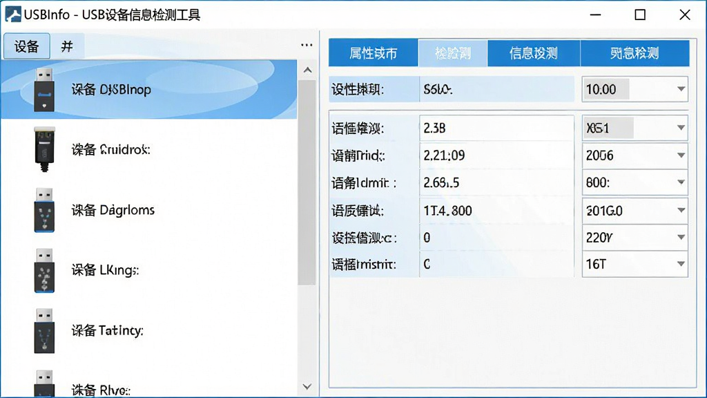 һ��չʾUSBInfo����������ĸ����ͼ���������Ϊ�豸�б�����ʾ���USB�豸ͼ�������ƣ��Ҳ�Ϊѡ���豸����ϸ��Ϣ��壬�������Ա�ǩ����ֵ�����岼������������ִ���Լ������������ɫ�����ڱ�������ʾ��USBInfo - USB�豸��Ϣ��⹤�ߡ������ʸɾ����޶���Ԫ��