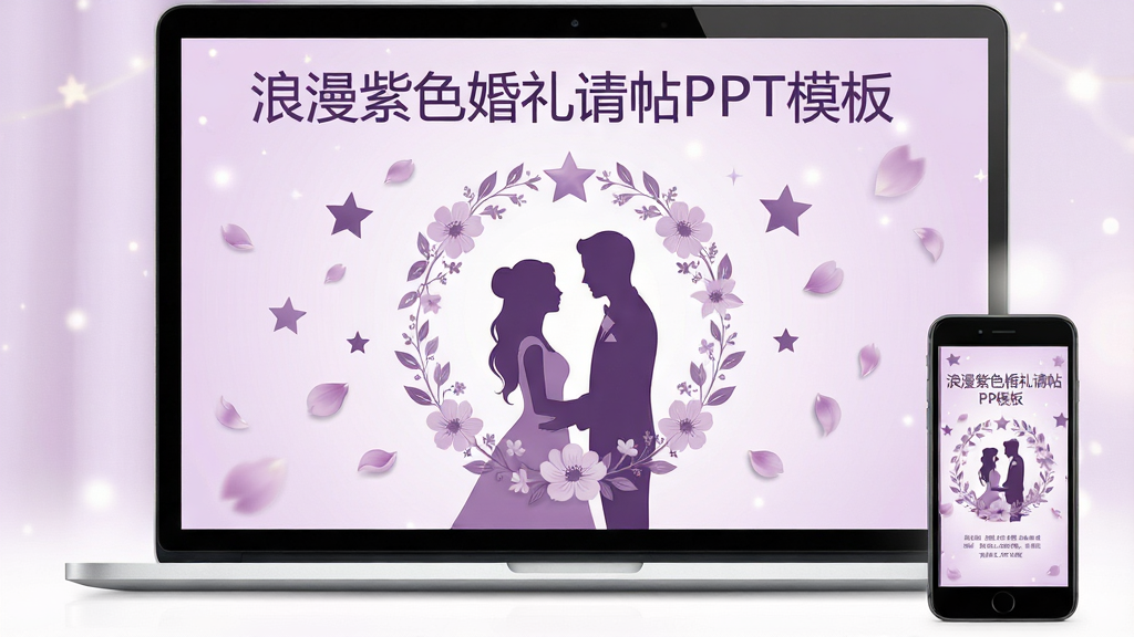 一幅浪漫紫色婚礼请帖PPT模板的封面展示图,整体以淡紫色与香芋紫为主色调,画面中央是一对新人剪影与精致花环,四周点缀星星与花瓣,上方标题文字“浪漫紫色婚礼请帖PPT模板”,下方摆放着笔记本电脑与手机展示同一模板界面,风格唯美梦幻,高清画质,干净无多余元素
