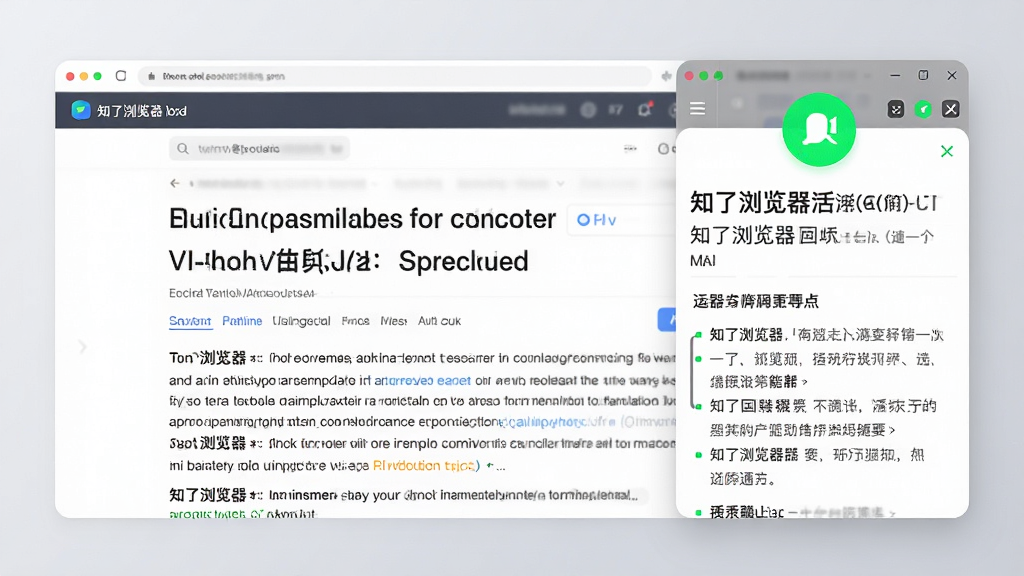 展示“知了浏览器”的AI助手应用场景,采用分屏布局,左半为英文网页内容,右半为AI助手浮窗,浮窗内显示中文翻译和摘要要点,背景为浅灰色渐变,助手图标以亮绿色圆形呈现,整体风格扁平化设计,界面清爽,文字清晰,画质干净,无多余元素。