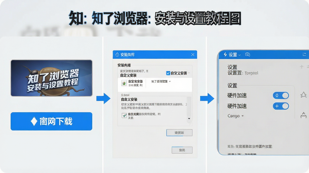 制作一张“知了浏览器”的安装与设置教程配图,采用分步示意图风格,画面分为三块:第一块为官网下载按钮,第二块为安装向导中的“自定义安装”勾选界面,第三块为设置中的“硬件加速”开关,整体以浅灰背景搭配蓝色高亮,标注清晰,画质干净,无多余元素。