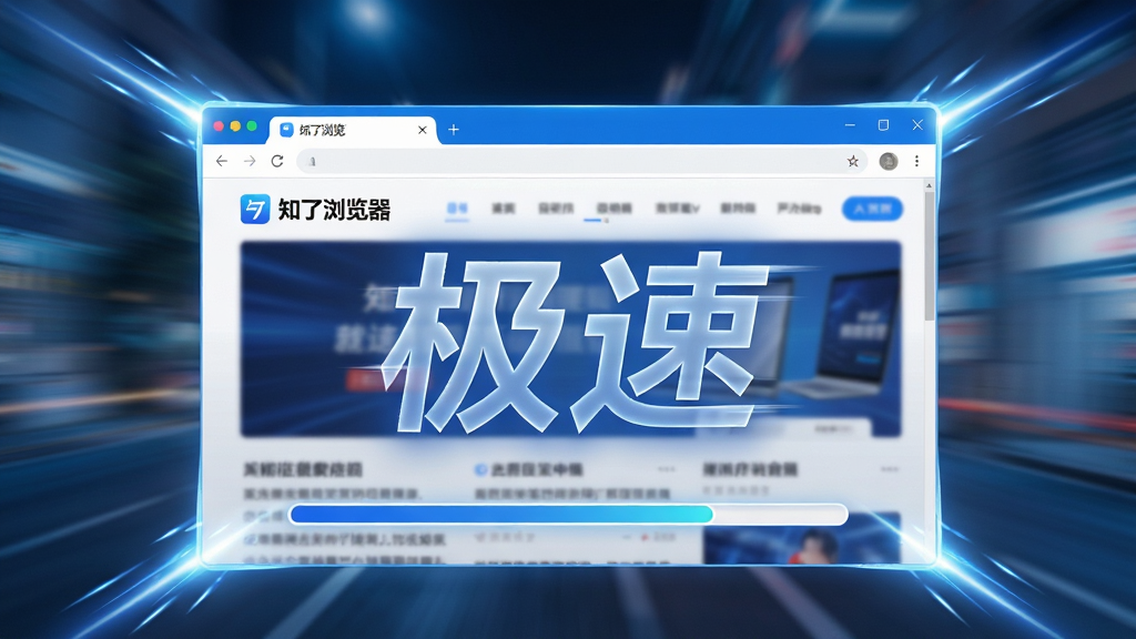 聚焦“知了浏览器”的速度优势,画面采用动态模糊背景,前方为极速加载完成的新闻网页界面,浏览器窗口四角带有速度线光效,中央悬浮着半透明的“极速”二字,底部有进度条瞬间拉满的视觉设计,整体风格现代科技感,蓝白主色调,高光渲染,画质细腻干净,无多余元素。