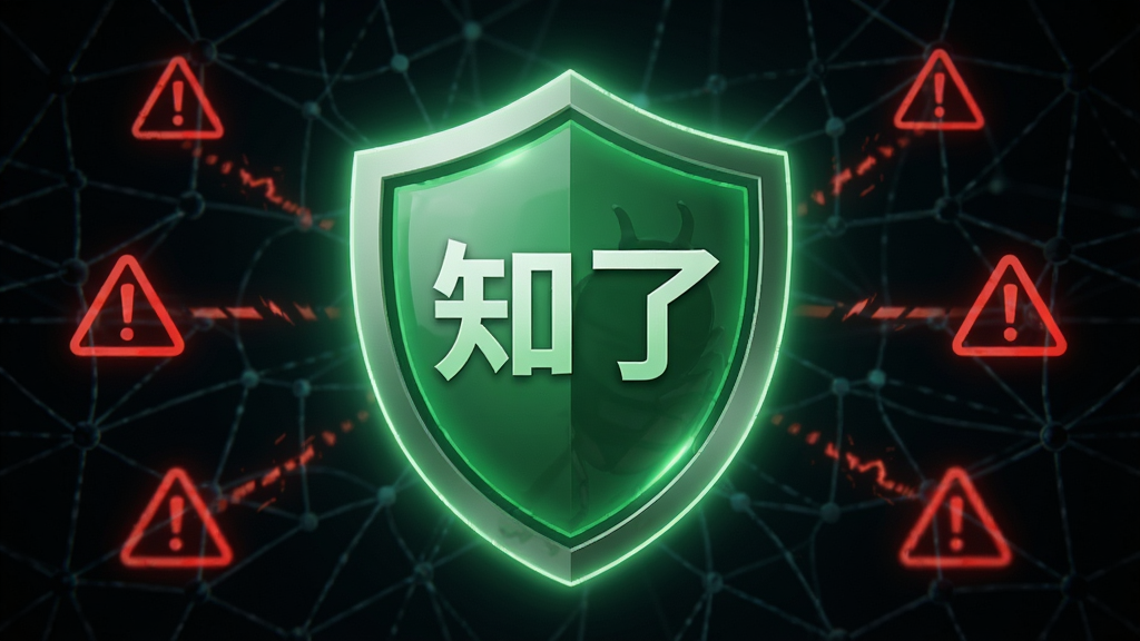 体现“知了浏览器”的安全盾牌形象,画面中央为绿色盾牌图标,盾牌表面有“知了”字样,背景为纵横交错的暗色网络线条与红色警示标志,但盾牌散发柔和光芒驱散危险,整体风格严肃而具科技感,细节丰富,画质清晰,无多余元素。
