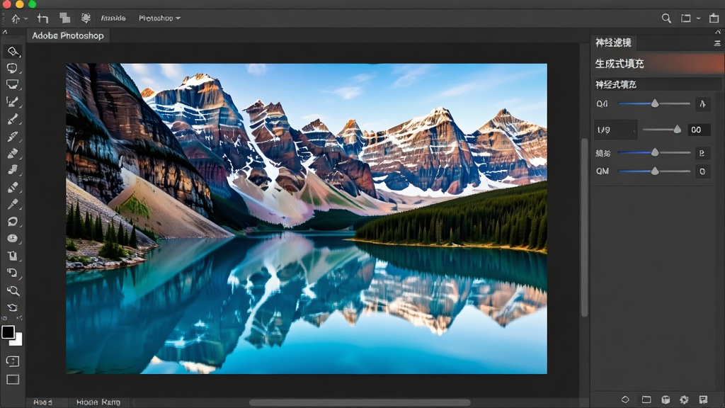主体:Adobe Photoshop软件界面局部特写,重点展示“神经滤镜”面板及一张通过AI生成式填充延展出的风景图片,原图与生成部分自然融合。布局:左侧为工具栏图标,右侧为属性调节面板,中央是画布中正在处理的雪山湖泊照片,湖泊右侧被智能扩展出更多湖面与山体。排版:界面横平竖直,功能区域划分清晰,画布占比最大。风格:写实界面截图风格,高饱和度色彩,细节锐利。细节:生成区域无接缝痕迹,光线阴影与原始照片一致,面板上显示“生成式填充”字样及参数滑块。画质:清晰、干净、无多余元素。
