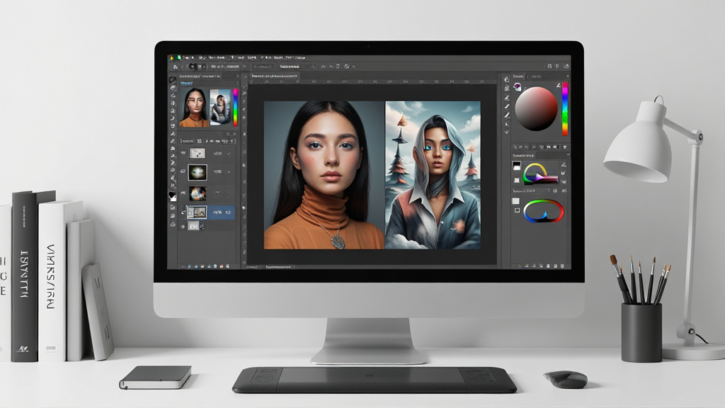 主体:一台运行着Adobe Photoshop软件界面的大屏电脑,屏幕上展示着丰富的图层、色彩斑斓的图片编辑窗口和工具栏,画面中有一张被精心修饰的人像照片与创意合成作品。布局:电脑居中,屏幕内容为视觉焦点,桌面整洁,周围有简约的设计书籍和绘图板作为陪衬。排版:采用平视角度,构图稳定,突出软件界面及作品展示。风格:写实科技风,光线柔和明亮,细节清晰,体现专业与创造力。细节:屏幕内Photoshop工具栏图标清晰可辨,图层缩略图与色彩调整面板可见,整体画面干净无杂乱元素。画质:4K超清,质感细腻,无多余元素。