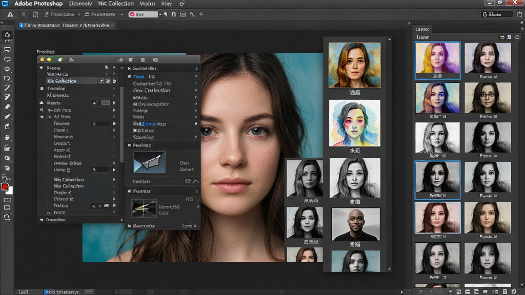 主体:Adobe Photoshop软件界面平铺展示,滤镜库窗口打开,各种滤镜效果以缩略图形式排列在一张人像照片上,同时显示部分第三方滤镜插件菜单。布局:中央画布为原始人像,右侧滤镜库面板有大量效果预览,左侧工具栏完整。排版:界面元素有序,滤镜效果醒目可见。风格:界面截图风格,色彩鲜艳,细节丰富。细节:滤镜库中的“油画”、“水彩”、“素描”等效果缩略图清晰,菜单栏中可见“Nik Collection”等插件名称。画质:高清晰度,无多余杂乱元素。