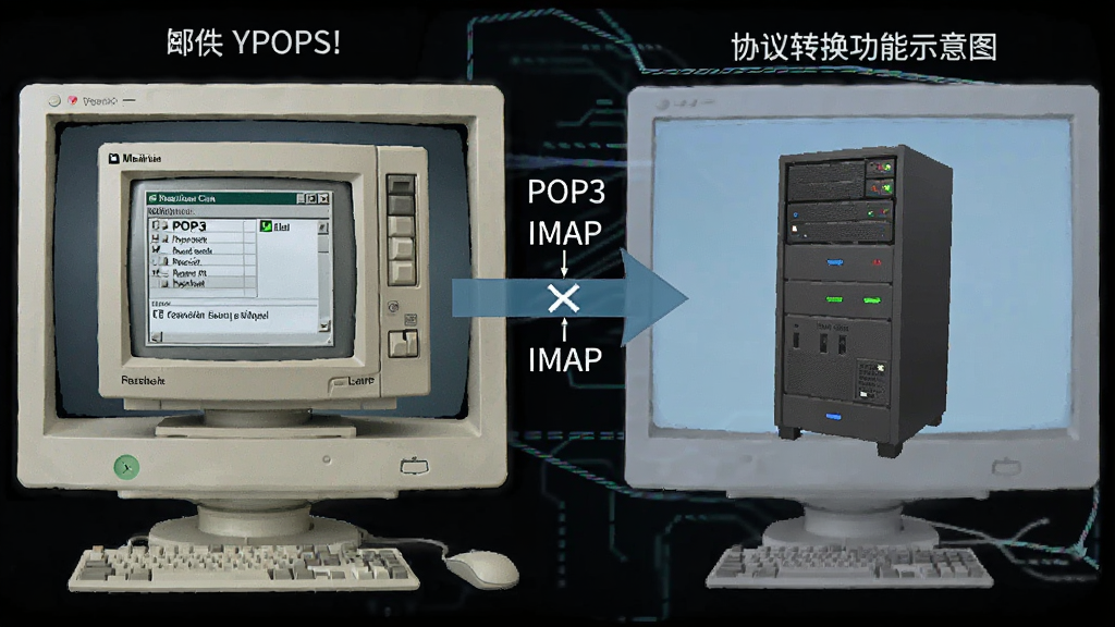 YPOPs! 协议转换功能示意图,主体为电脑屏幕中邮件收发流程图,布局左右结构,左侧老式邮件客户端,右侧现代邮箱服务器,排版使用箭头连接,风格简洁明了的科技图解风格,细节标注POP3和IMAP字样,画质清晰干净