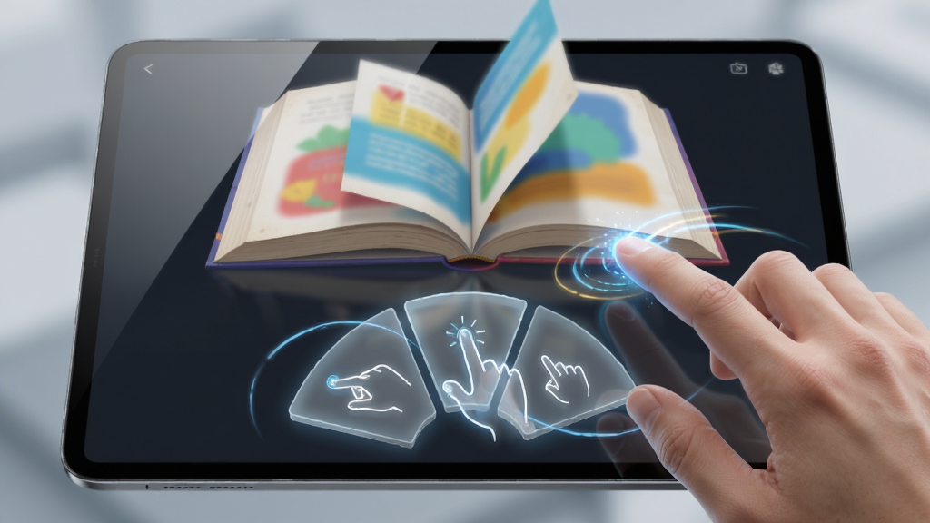 高清数字渲染图,主题为“Touch Reader手势操作”,画面主体是正在多点触控屏幕的一双手指,屏幕界面上半部分显示正在翻动的彩色书页,下半部分浮现出半透明的扇形手势菜单,布局采用中心对称形式,排版突出动态轨迹线效果,风格为科技感十足的写实风格,细节强调屏幕玻璃的反光与手指接触点的光影变化,画质细腻干净且背景虚化无多余元素