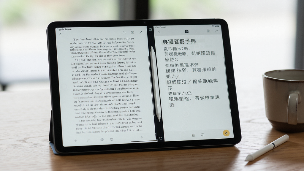 展示Touch Reader在Windows平板上的分屏阅读场景,主体为平板设备横屏放置在木质桌面上,左边三分之二屏幕显示英文原版书籍,右侧三分之一显示对应的中文翻译笔记,布局采用左右分屏构图,排版整齐清晰,风格为写实生活摄影风格,细节包含屏幕上的触控笔和旁边的咖啡杯,画质柔和自然且背景虚化干净无多余杂物