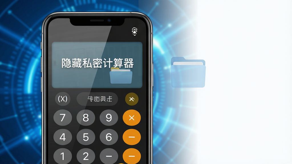 主体:一部智能手机屏幕显示计算器界面,背景为抽象蓝色科技感光效,屏幕中央有“隐藏私密计算器”字样,下方隐约可见文件夹图标;布局:手机居中偏左,右侧留白;排版:主体突出,背景简洁;风格:现代扁平化,高清渲染;细节:计算器按键清晰,屏幕反光自然,隐私文件夹图标半透明;画质:8K,干净,无多余元素。