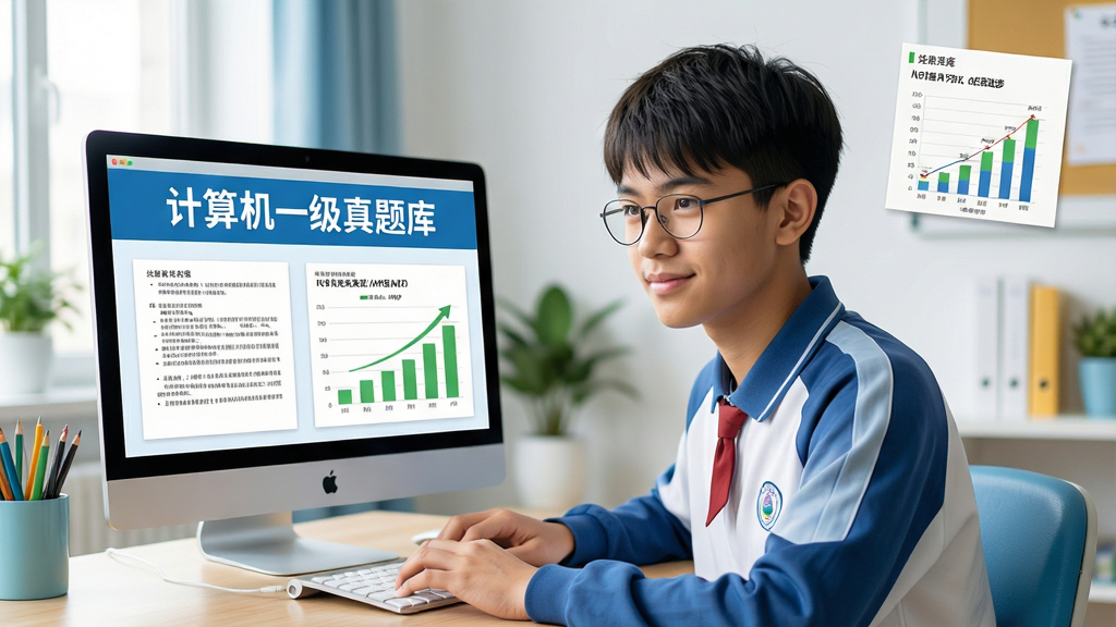 主体:一名学生正用手机或电脑进行计算机一级考试练习,屏幕上显示“计算机一级真题库”字样,旁边有模拟试卷和成绩进步的图表;布局:中心构图,学生位于画面中央,周围环绕考试元素;排版:干净整齐,文字清晰;风格:现代教育风格,色彩明亮活泼;细节:学生表情专注自信,设备界面清晰显示题库内容;画质:4K高清,干净,无多余元素