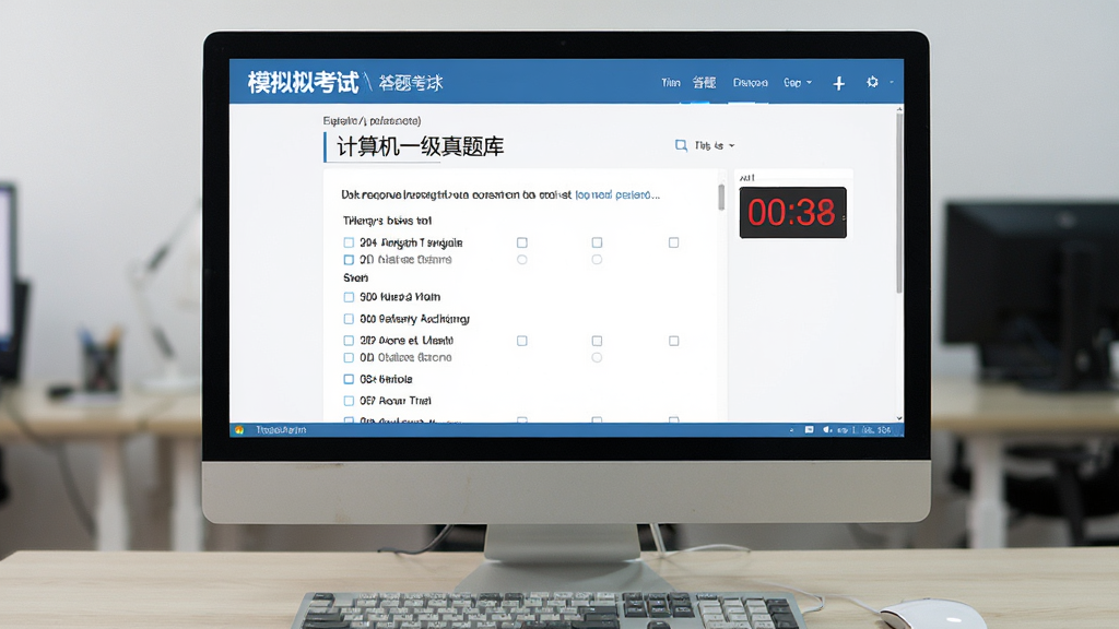 主体:电脑屏幕显示计算机一级真题库的模拟考试界面,包含答题区域和倒计时;布局:界面截图式展示,居中;排版:清晰展示题目与选项;风格:真实考试风格,简洁专业;细节:题目文字清晰,倒计时醒目;画质:高清,干净,无多余元素