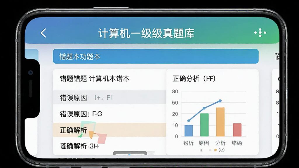 主体:手机界面展示计算机一级真题库的错题本功能,列出错题及分析图表;布局:手机居中,界面细节放大;排版:图表与列表结合,层次分明;风格:数据可视化风格,色彩区分明显;细节:错题内容、错误原因、正确解析齐全;画质:清晰,干净,无多余元素