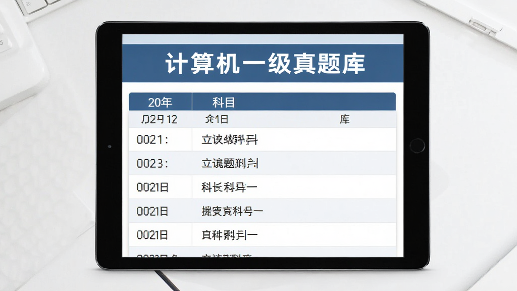 主体:平板电脑上展示计算机一级真题库的历年真题列表,包含年份和科目;布局:横屏展示,列表清晰;排版:简洁有序,标题突出;风格:教育资料风格,稳重;细节:真题数量、年份、科目一目了然;画质:高清,干净,无多余元素
