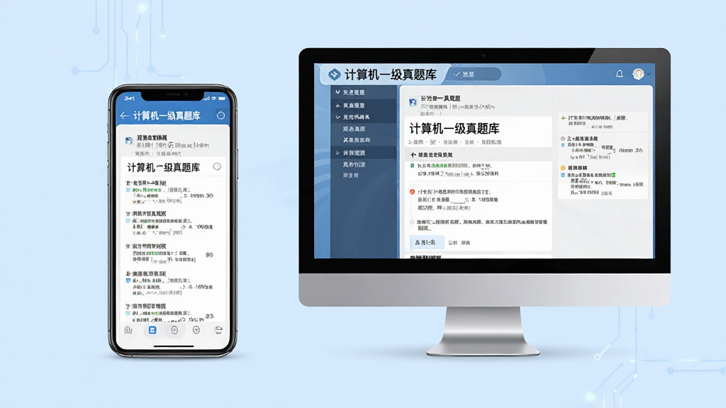 主体:一部手机与一台电脑并排摆放,屏幕均显示计算机一级真题库的刷题界面;布局:左右对称;排版:简洁有序;风格:现代科技感,背景浅蓝;细节:手机和电脑画面清晰显示题库内容;画质:高清,干净,无多余元素