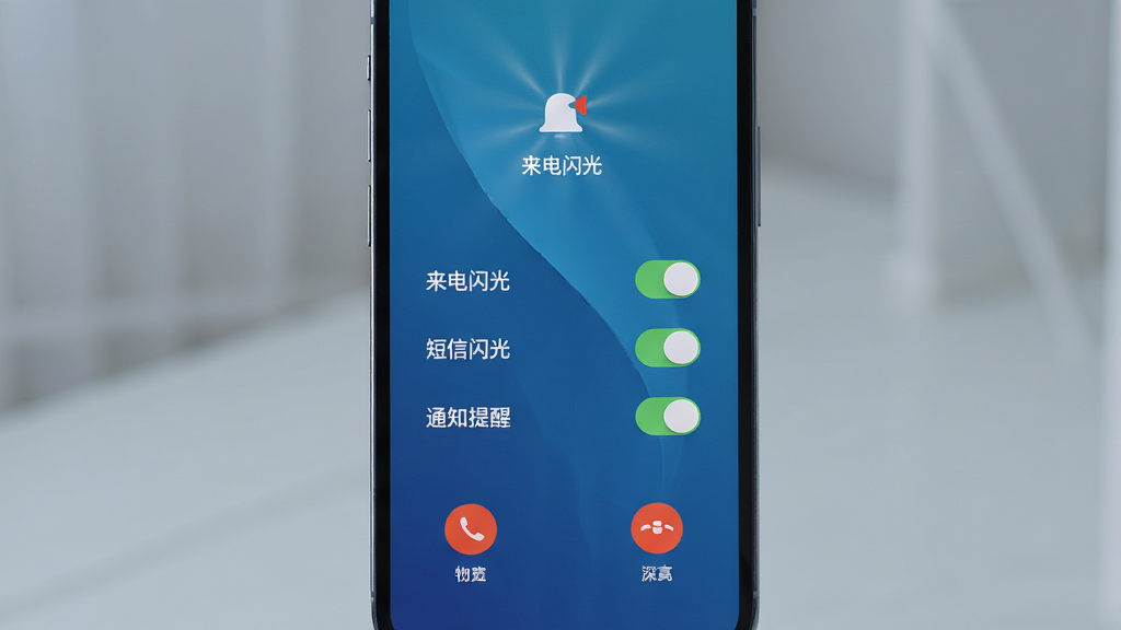 图片居中展示手机来电闪光主界面,布局清晰显示功能开关列表,背景为渐变色科技蓝,风格简约现代,细节包含“来电闪光”、“短信闪光”、“通知提醒”等中文开关选项,画质高清干净,无多余元素