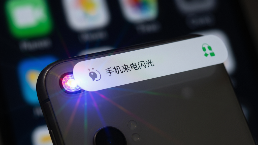 特写手机背面LED闪光灯亮起多彩光芒,主体为一部智能手机,布局居中,排版简洁,风格写实,细节展示“手机来电闪光”应用在锁屏界面弹出的提醒横幅,画质清晰干净