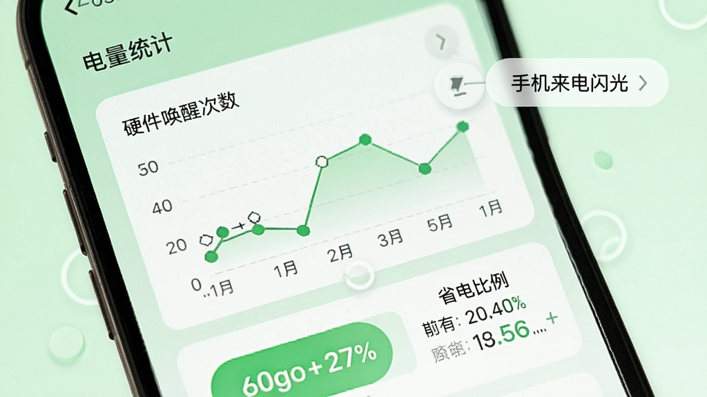 展示电池电量管理界面,主体为电量统计图表,布局采用卡片式设计,风格清新,细节标注“手机来电闪光”硬件唤醒次数及省电比例,背景为浅绿色系,画质干净无多余元素