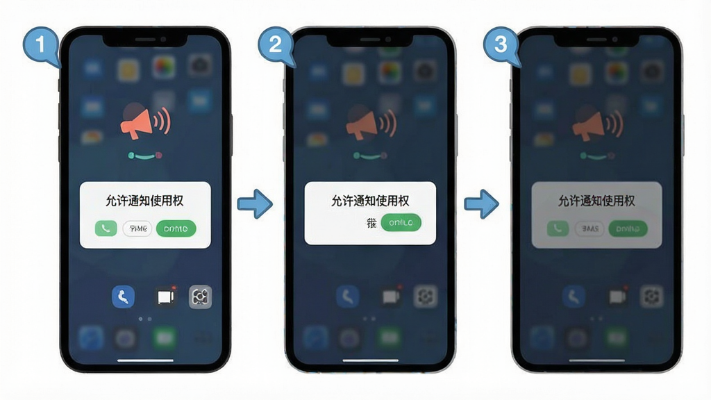 图解安装步骤流程图,主体为智能手机屏幕,布局分步展示,排版清晰标注1-2-3步骤,风格扁平化插画,细节包含“手机来电闪光”图标及“允许通知使用权”弹窗,画质干净无多余元素
