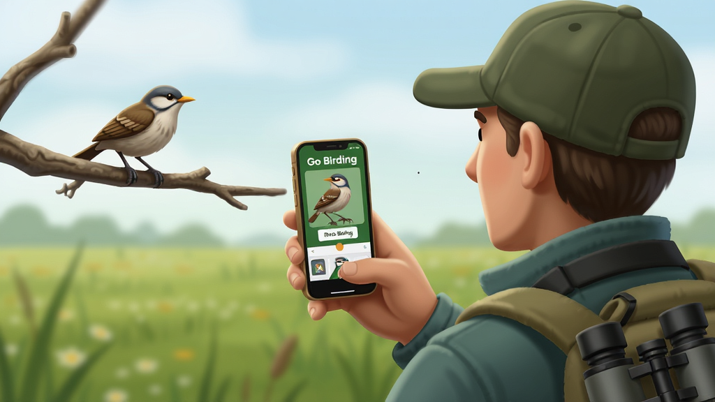 一幅展示用户使用Go Birding在户外拍摄鸟类的场景插画,主体为一位观鸟者手持手机对准树枝上的鸟,手机屏幕显示识别成功界面,背景是模糊的草地与天空,布局采用黄金分割构图,人物位于右侧三分之一处,风格写实明亮,细节包括手机上的鸟名标签、观鸟者的背包与望远镜,画质高清干净,无多余元素
