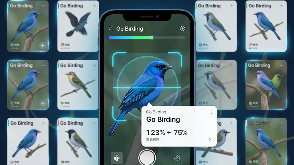 一张展示Go Birding智能识别功能的界面截图风格插画,主体为手机屏幕显示正在识别一只蓝色羽毛的鸟,屏幕上有扫描动画与识别结果弹窗,布局为手机居中,四周有半透明的鸟类图鉴缩略图环绕,风格扁平化且带有科技感光效,细节包括识别进度条、鸟名标签与置信度百分比,画质干净清晰,无多余元素