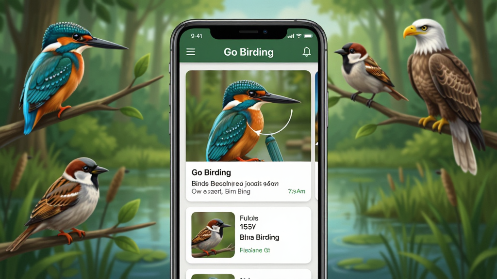 一幅展示Go Birding应用界面的高清数字插画,主体为智能手机屏幕显示鸟类识别结果页面,背景是郁郁葱葱的森林与湿地,几只不同种类的鸟(如翠鸟、麻雀、鹰)停驻在树枝上,布局采用中心构图,手机置于前景中央,背景虚化突出主体,风格写实且色彩鲜艳,细节包括羽毛纹理、识别信息卡片上的鸟名与特征文字,画质细腻干净,无多余元素