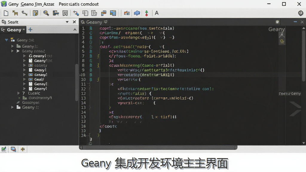 Geany软件主界面预览图,左侧为文件树,中间为代码编辑区,高亮显示C语言代码,顶部有菜单栏和常用工具按钮,整体风格简洁清爽,采用默认的深色代码配色方案,界面布局规整,画质清晰干净,无多余元素,图片下方标注