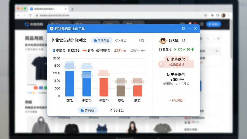 画面主体为购物党自动比价工具的软件界面悬浮于网购商品页上,界面清晰展示该商品在各大电商平台的价格对比条形图与历史最低价标注,背景为模糊的电脑浏览器网购场景,整体布局以软件界面为中心,采用左右对比排版,风格简洁现代,色调以蓝白为主,突出价格数据清晰直观,画质高清干净,无多余元素