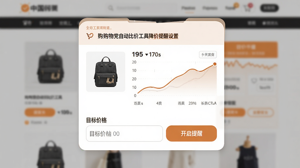 主体为购物党自动比价工具的降价提醒设置界面,上面展示一个商品缩略图和价格曲线,下方有“目标价格”输入框和“开启提醒”按钮,背景为模糊的购物网站页面,整体布局清晰,排版有序,风格温馨实用,画质干净无多余元素