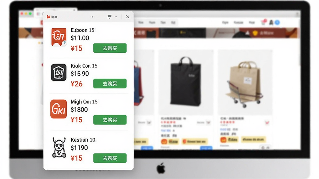 图像主体为购物党自动比价工具的价格对比面板展开状态,面板上纵向排列着多个电商平台图标与对应价格标签,并标注“去购买”按钮,背景为电脑端购物网站商品图片,布局规整,排版清晰,风格写实,细节丰富,画质干净无杂物