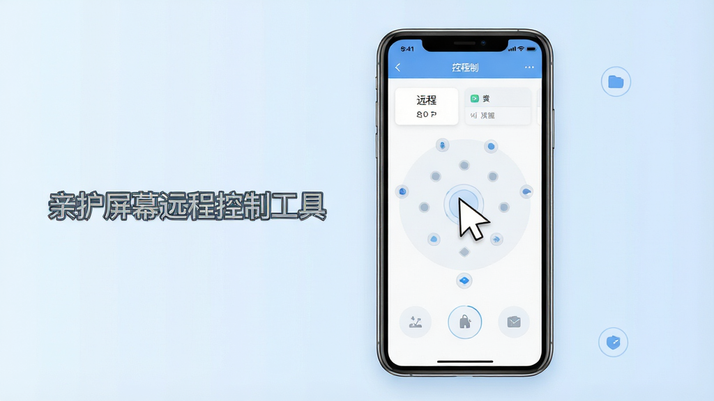 一张现代简约风格的软件功能预览图,画面中央是一部智能手机屏幕显示着远程控制界面,屏幕上有虚拟鼠标指针和触控点,背景为干净的浅蓝色渐变,左侧配有文字“亲护屏幕远程控制工具”,整体布局清晰,UI界面整洁,风格扁平化,细节丰富,画质高清,无多余元素