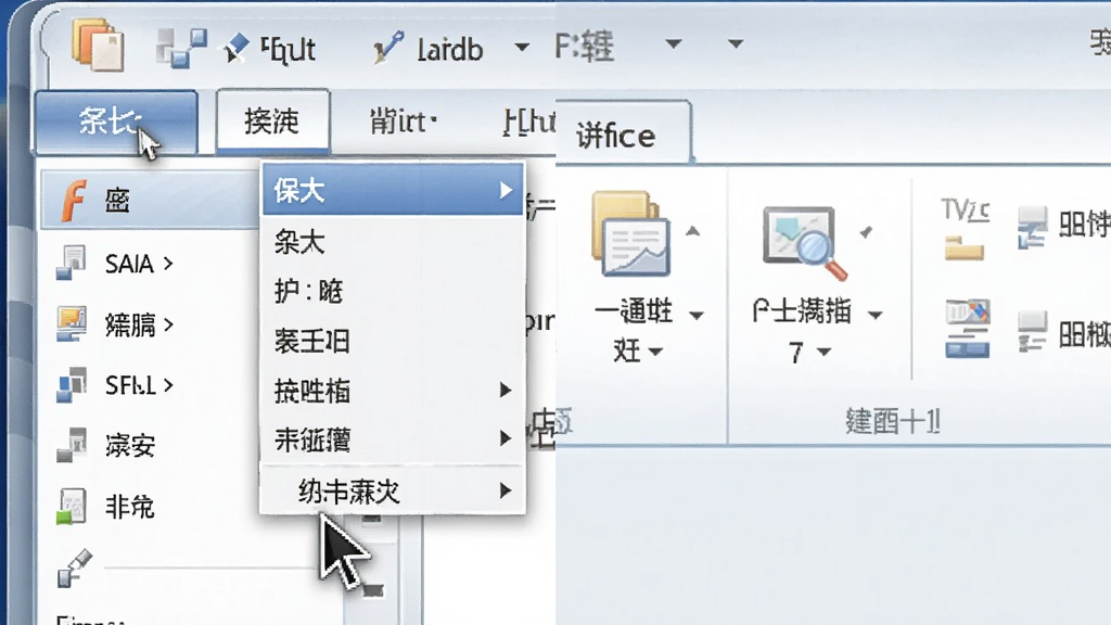 主体是电脑屏幕上显示Office 2007软件界面,布局为左侧传统经典下拉菜单栏与右侧彩色功能区的对比画面,排版上左右分栏对比明显,风格为现代扁平化数字插画,细节包含鼠标光标点击文件菜单、下拉列表展开显示保存与打印等中文选项,画质高清细节丰富,干净无多余元素。