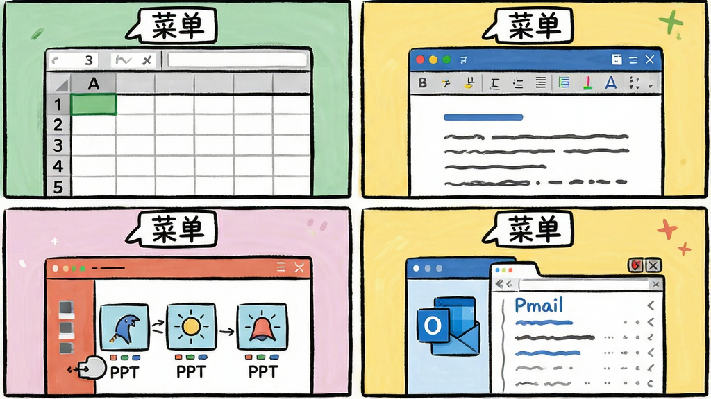 主体是四格漫画风格展示不同办公场景,布局为左上角Excel表格、右上角Word文档、左下角PPT幻灯片、右下角Outlook邮件界面,排版整齐有序,风格为卡通手绘风格,画面中每个场景顶部均带有“菜单”二字标签,画质清晰明亮,干净无文字遮挡。