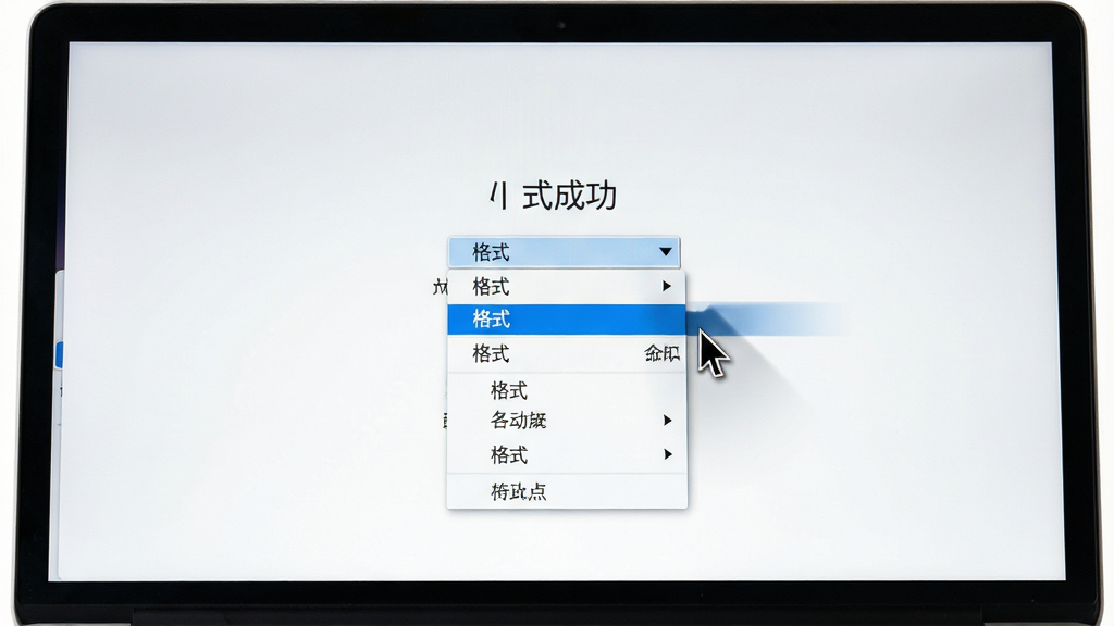 主体是一台笔记本电脑屏幕显示菜单加载成功的截图,布局为屏幕中央高亮显示传统下拉菜单列表,排版简洁清爽,风格为写实屏幕截图风格,细节包含鼠标指针停留在“格式”菜单上且出现下拉阴影效果,画质高清明亮,干净无多余图标。