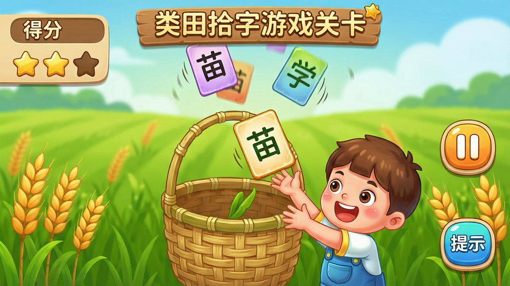 主体:麦田拾字游戏关卡界面,画面中有一个竹篮,上方飘落带有汉字的卡片,儿童角色伸手接住写有“苗”的卡片。布局:游戏区域居中,左侧显示当前得分和星星数,右侧有暂停按钮和提示按钮。排版:界面生动活泼,卡片飘落有动态效果。风格:卡通农场风格,绿色麦田背景。细节:竹篮编纹清晰,卡片颜色各异,儿童角色表情兴奋。画质:高清,干净,无多余元素。