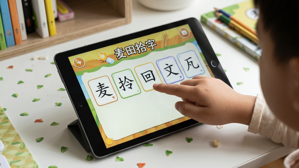 主体:麦田拾字软件在平板电脑上运行的实拍图,屏幕显示识字游戏画面,孩子手指正在点击汉字卡片。布局:平板横放,屏幕居中,周围是书桌环境。排版:画面清晰,角度俯视45度。风格:写实生活照,自然光线。细节:孩子手部动作清晰,屏幕显示“麦田拾字”字样和汉字卡片。画质:高清,干净,无多余元素。