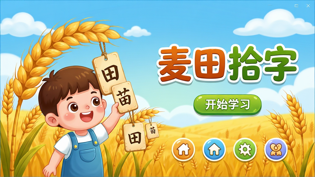 主体:麦田拾字软件启动界面,显示一片金色麦田,麦穗上挂着汉字卡片,一个可爱卡通儿童角色正在摘取卡片,背景是蓝天白云。布局:界面居中,儿童角色在左侧,右侧有“麦田拾字”大标题和“开始学习”按钮,下方有功能图标。排版:清晰简洁,色彩明亮,标题醒目。风格:卡通插画风,温馨童趣。细节:麦穗粒粒饱满,汉字卡片上有“田”“苗”等字,儿童笑容灿烂。画质:高清,干净,无多余元素。