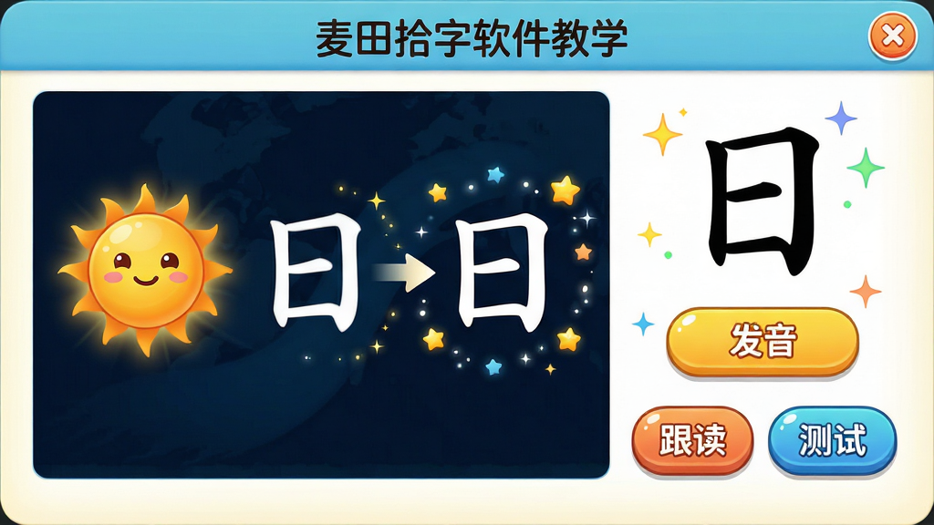 主体:麦田拾字软件教学界面,屏幕中央显示汉字“日”的动画演变过程,从象形太阳图形渐渐变为现代汉字,周围有星星特效。布局:左侧是动画演示区,右侧是汉字“日”的放大书写和发音按钮,下方有“跟读”和“测试”按钮。排版:动画流畅,文字清晰,按钮大而圆润。风格:明亮卡通,色彩鲜艳。细节:太阳图形有笑脸,动画过渡自然,有闪光效果。画质:高清,干净,无多余元素。