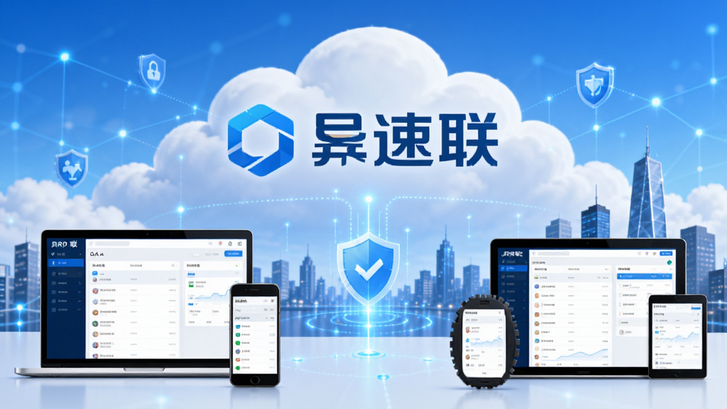 画面主体为“异速联”软件的品牌标识悬浮于云端与城市背景之上,前景是多个不同设备(笔记本电脑、平板、手机)屏幕中展示着流畅运行的ERP与OA系统界面,布局采用中心构图,主体突出,背景蓝色渐变代表安全网络,整体风格为现代科技商务风,画面干净明亮,细节丰富,展示出“异速联”连接企业与员工的稳定桥梁,画质高清,干净无多余元素