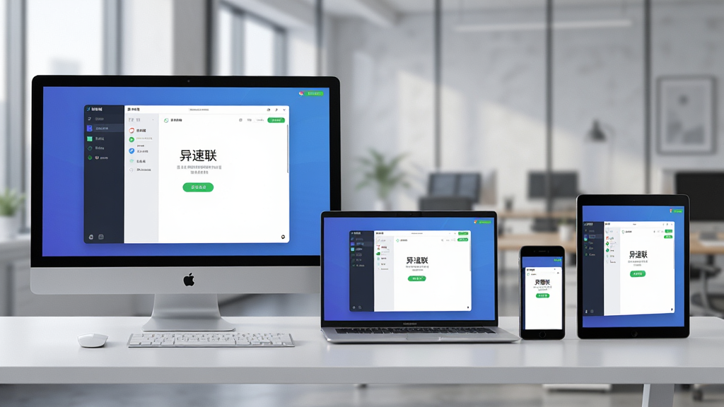 画面主体为“异速联”软件跨终端同步展示,桌面上同时摆放着台式机、超薄笔记本、手机与平板,每块屏幕均显示“异速联”客户端界面并处于连接成功状态,背景为虚化的现代办公室,布局采用一字排开式,突出多端协同,风格为写实产品渲染风,光线柔和,细节到位,画质清晰,干净无多余元素
