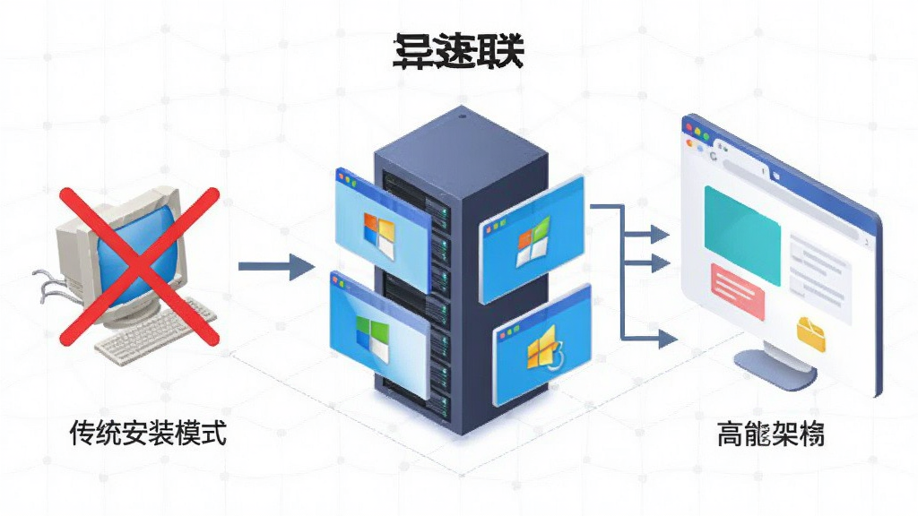 画面主体为“异速联”软件的应用虚拟化架构示意图,中央是一台高性能服务器,虚拟出多个Windows应用窗口图标,向右延伸到用户的浏览器中,左侧为传统安装模式被划掉,对比明显,布局采用流程图式,背景为浅色网格,风格为简洁的2.5D立体风,色彩清新,标注清晰,画质干净,无多余元素