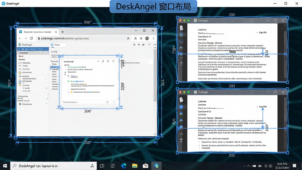 主体:DeskAngel软件窗口布局功能演示,屏幕上多个应用窗口整齐排列。布局:左侧一个浏览器窗口,右侧上下分列两个文档窗口,底部有任务栏。排版:窗口边缘有蓝色高亮边框和尺寸标注,顶部有“DeskAngel 窗口布局”标签。风格:真实屏幕截图风格,高分辨率,细节清晰。画质:高清,干净,无多余元素。